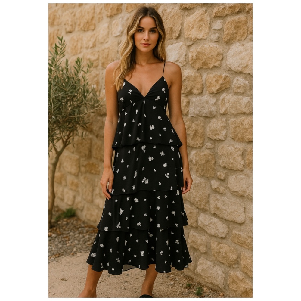 BARDOT x Revolve Dalia Black Floral Tiered Sleeveless Midi Dress NWT Sz 8